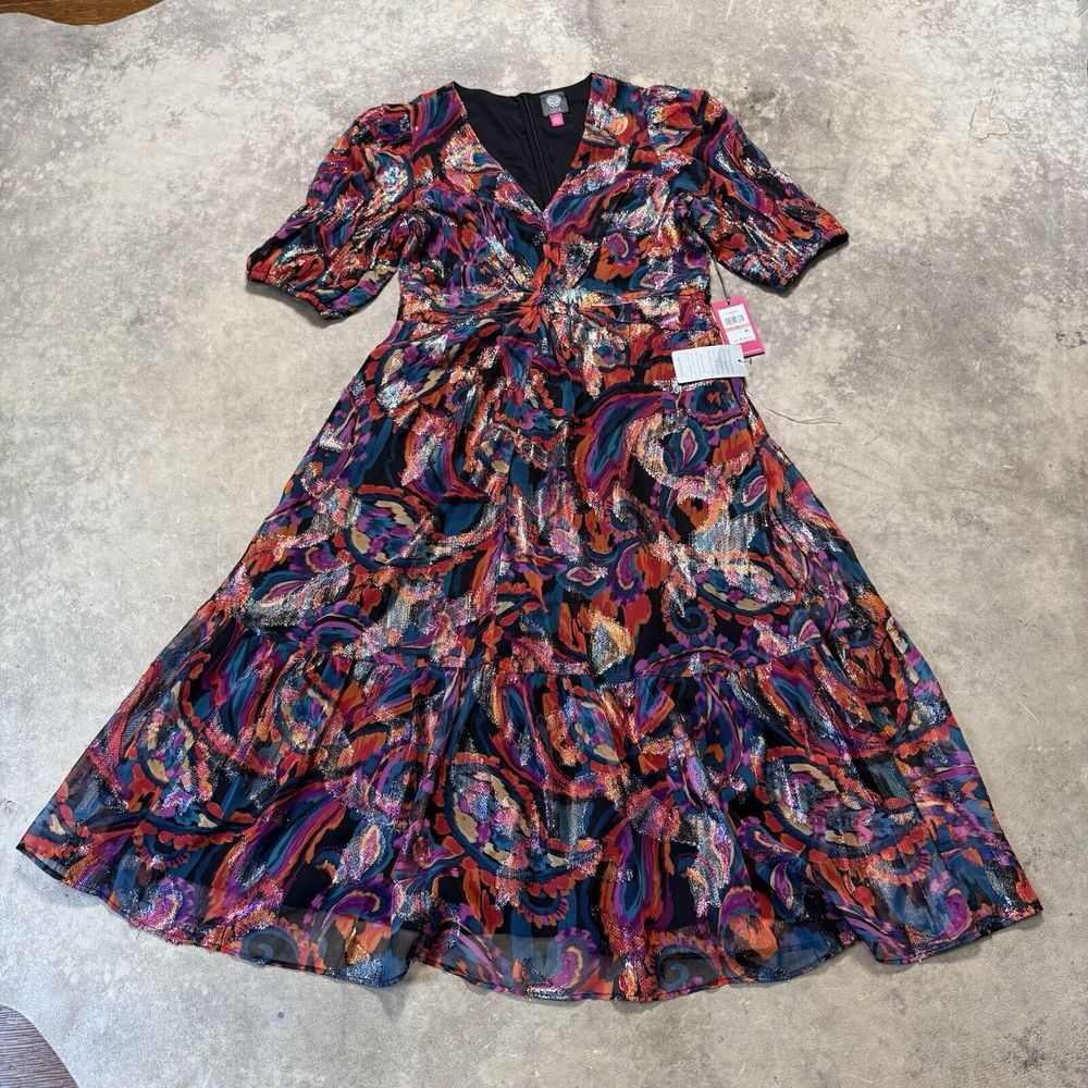 Vince Camuto Dress Womens 12 Red Multi Metallic Midi Floral Chiffon Art